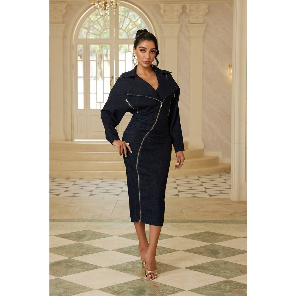 Notch Collar Denim Midi Dress With Zip Detail