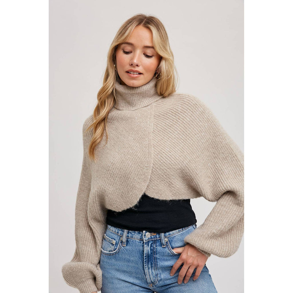 TURTLE NECK CROPPED SWEATER KNIT PULLOVER: Black / M/L