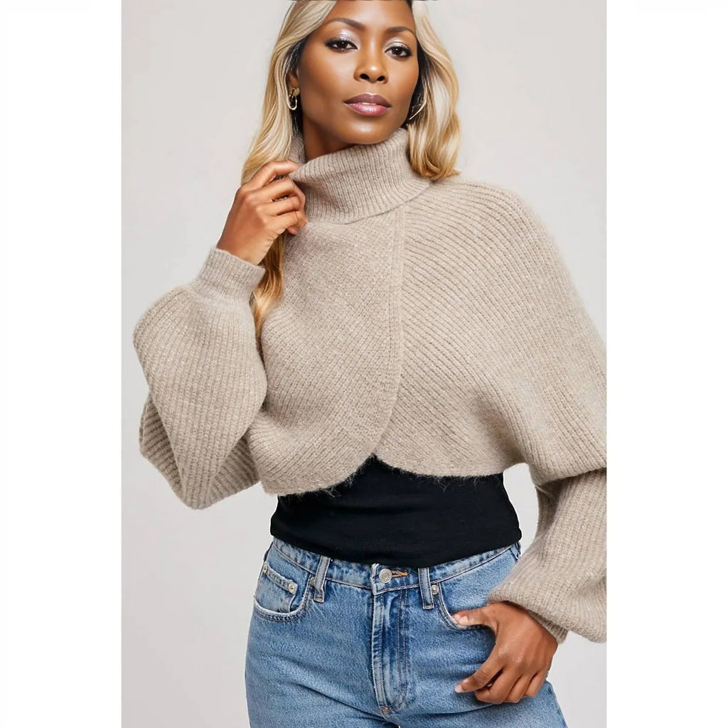 TURTLE NECK CROPPED SWEATER KNIT PULLOVER: OATMEAL / M/L